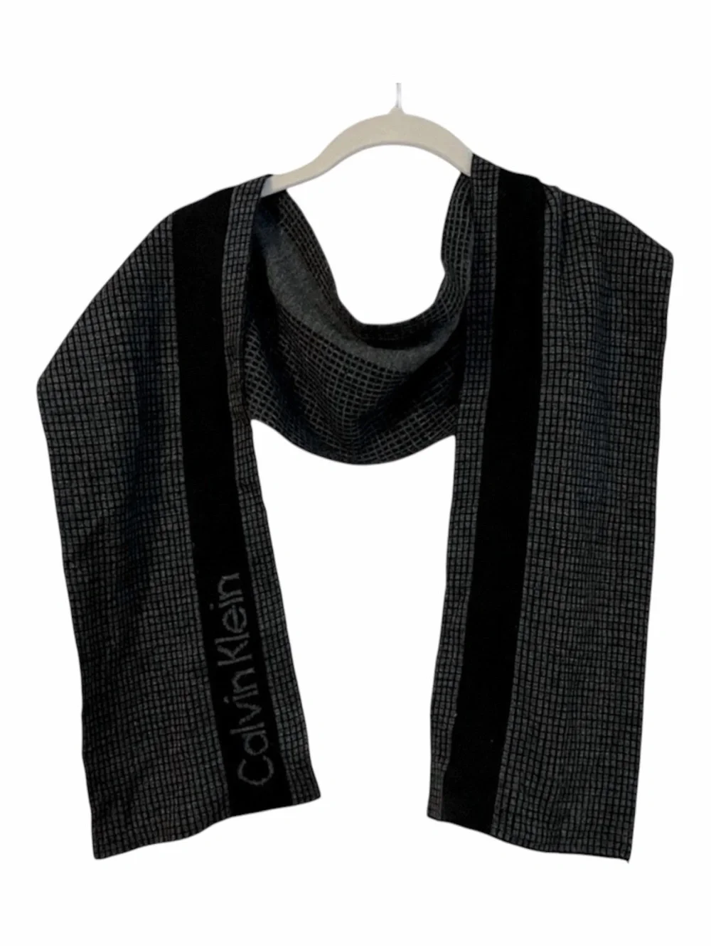 Calvin Klein Black Gray Logo Geometric Knit Scarf 100% Acrylic